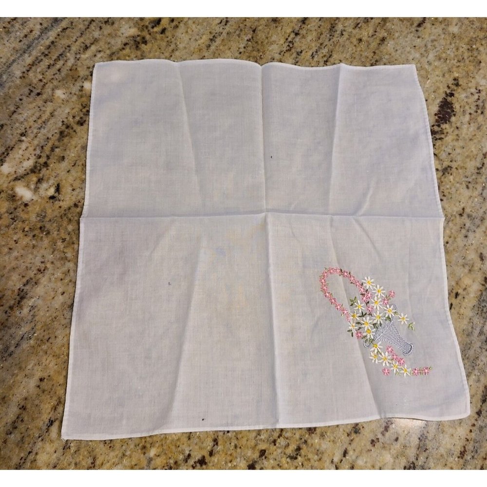 Vintage Handkerchief 11.5"  Square. Embroidered Flower Basket. Spring Wedding